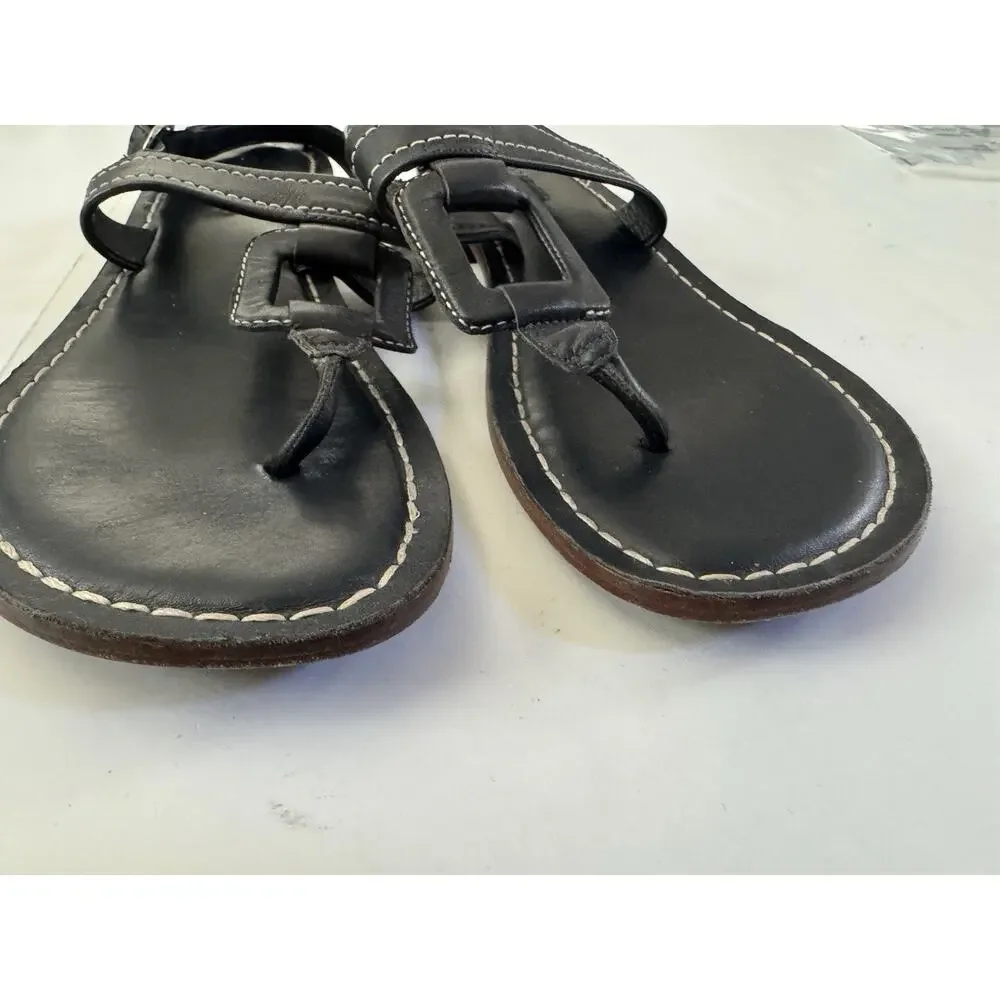 Bernardo Tegan Black Leather Thong Slingback Sandals Square Ring Stitch 9M